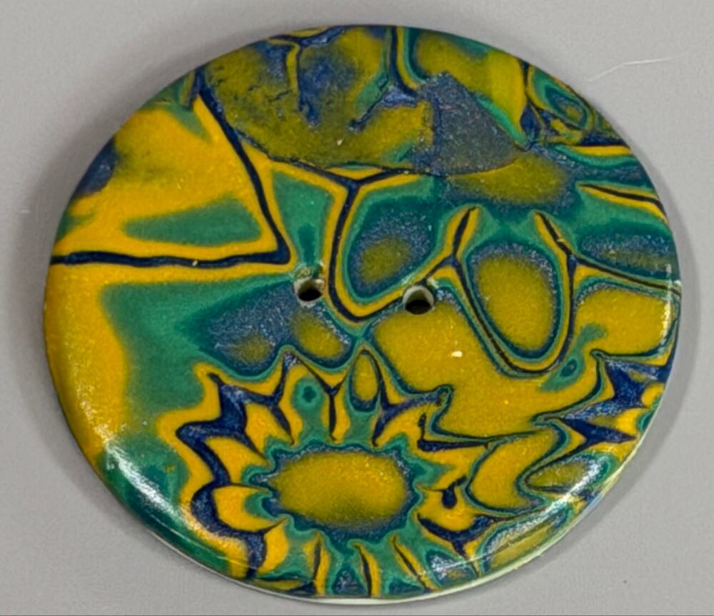 Large Handmade Statement Button 2 3/8 Inch Blue Green Gold Floral Swirl